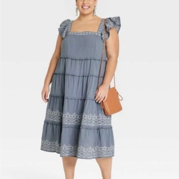 Women’s Ruffle Sleeve Embroidered Tiered Midi Dress Knox Rose Blue Size 3X - Picture 3 of 11